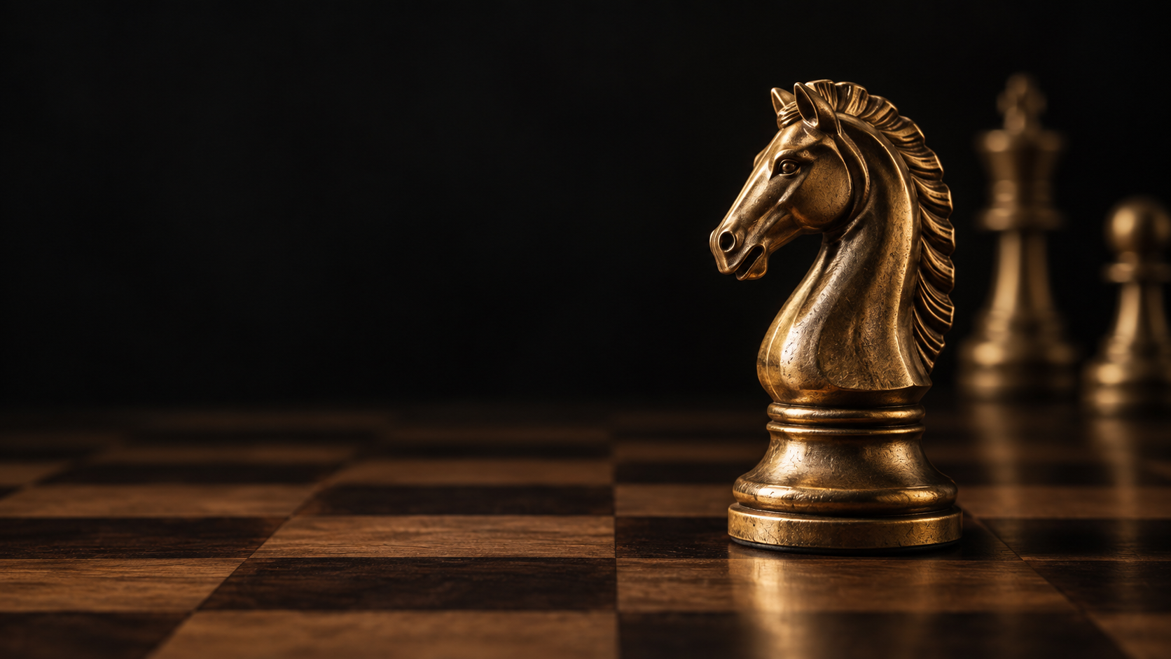 Caballo de bronce dorado sobre un tablero de madera oscuro